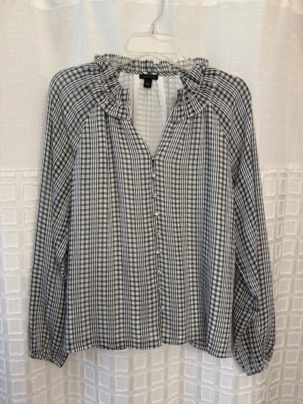 Ann Taylor Black & White Gingham Ruffle Neck Button-Front Top